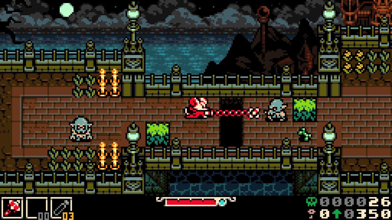 Retro pixel-art action scene from "Mina the Hollower," showing the main character using a whip attack on enemies atop a gothic bridge under a moonlit sky.