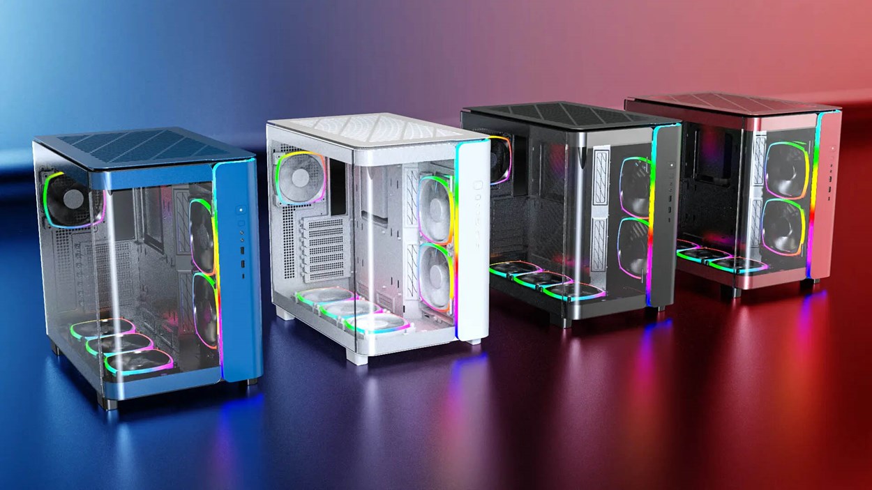 Four Montech King 95 Pro PC cases in blue, white, black, and red, displayed with tempered glass panels and vibrant ARGB fans, set against a gradient background.
