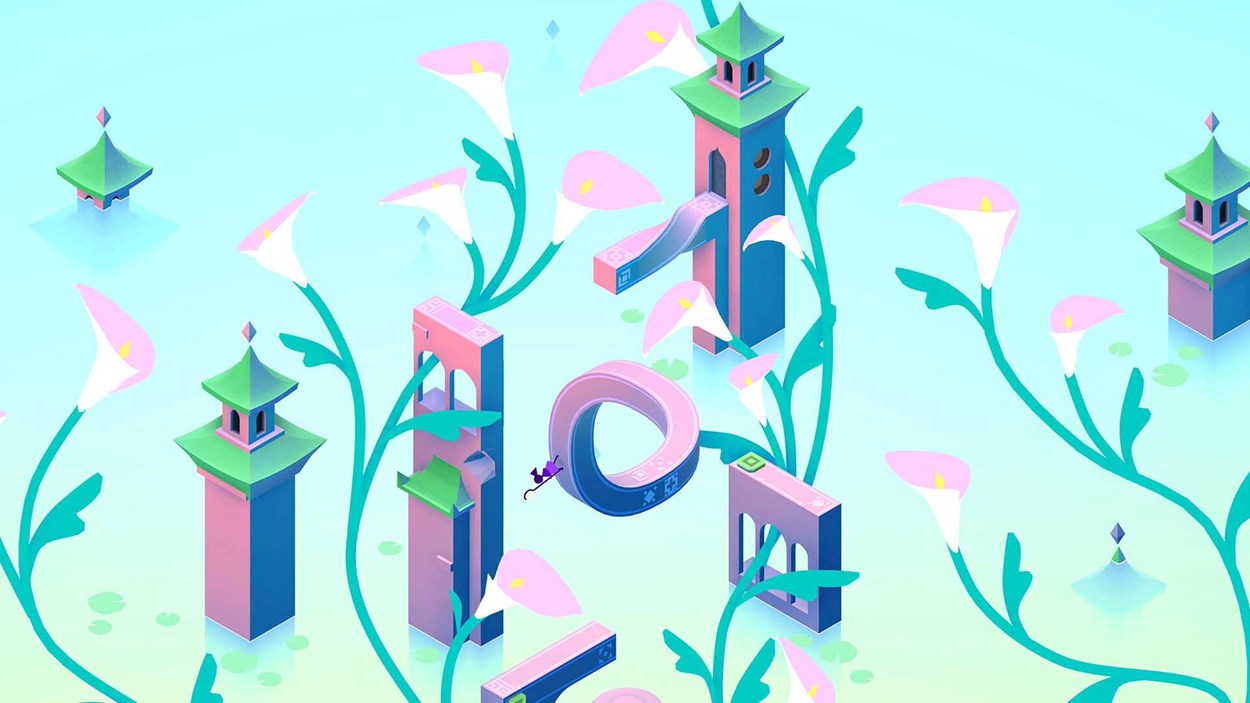 Surreal pastel landscape from "Monument Valley 3," featuring impossible architecture, floating towers, and large blooming flowers in a dreamlike setting.