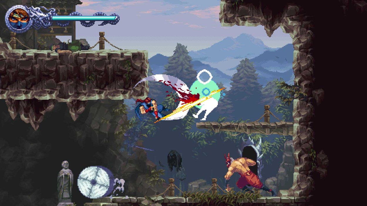 Pixel-art ninja slashes a glowing enemy mid-air in a side-scrolling action scene from "Ninja Gaiden: Ragebound," set against a mountainous forest backdrop.