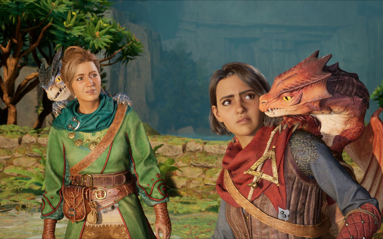 Two main characters from Split Fiction standing in a lush fantasy environment, each with a small dragon perched on their shoulder, showcasing the game's vibrant art style and character design.