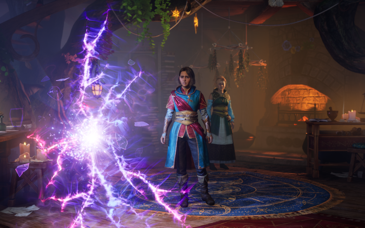 A character in Split Fiction stands before a glowing, magical energy rift in a cozy, mystical room, with another character watching from behind near a fireplace.