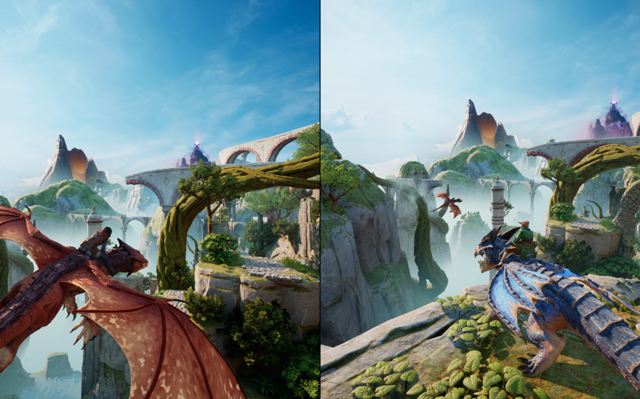 Split-screen view of two players riding dragons through a vibrant fantasy landscape filled with cliffs, floating platforms, and magical architecture in Split Fiction.
