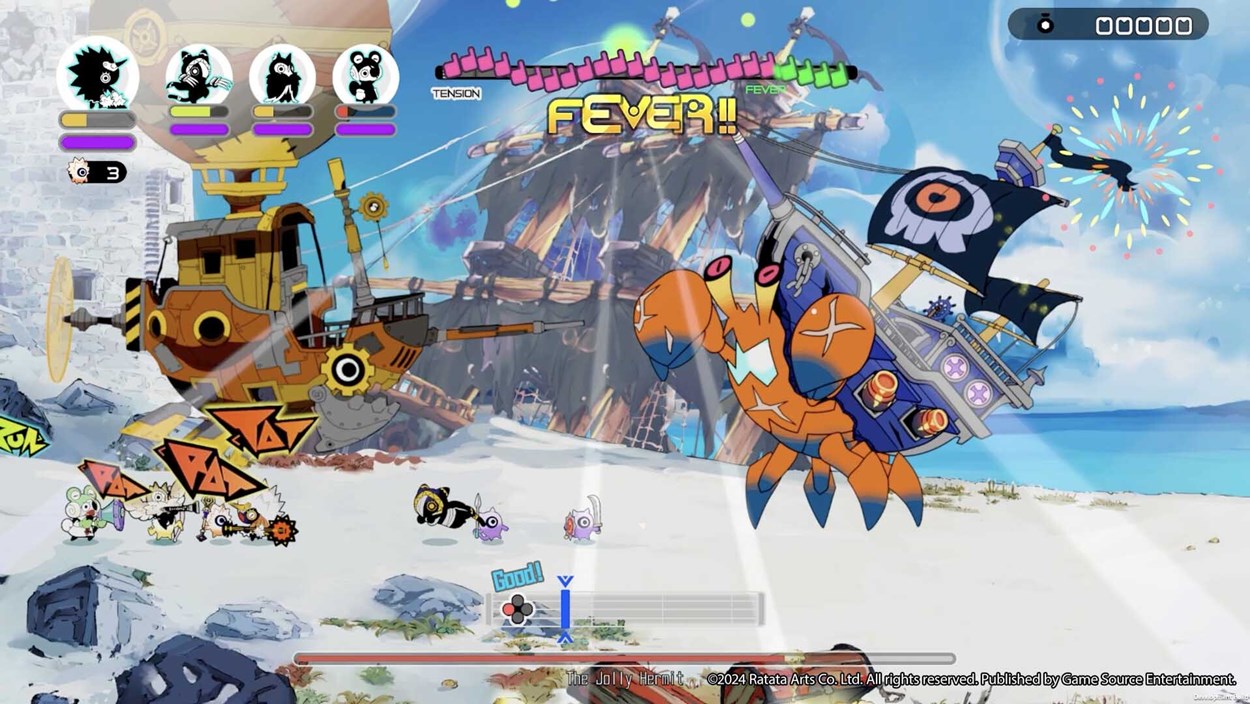 Colorful rhythm battle scene from "Ratatan," featuring cartoonish characters fighting a giant orange crab mech on a beach with pirate ships in the background.