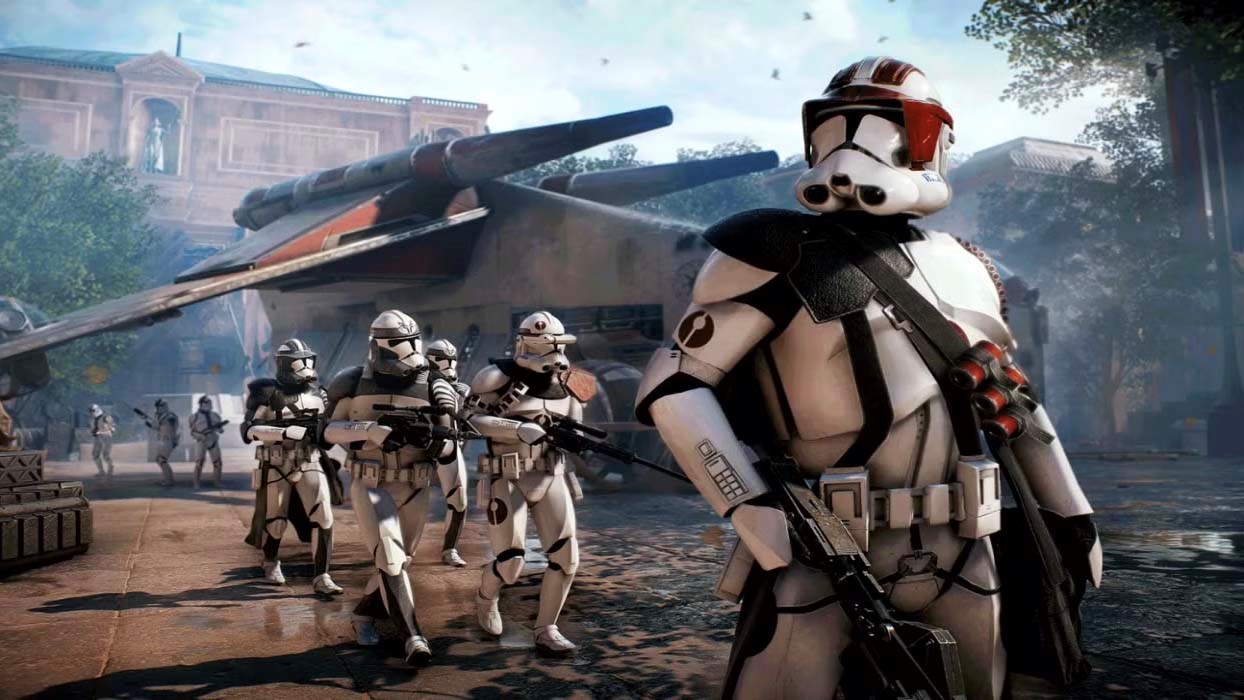 Clone troopers in white and black armor march in formation on a city street in Star Wars Battlefront II, with a large Republic gunship behind them and a classical-style building in the background.