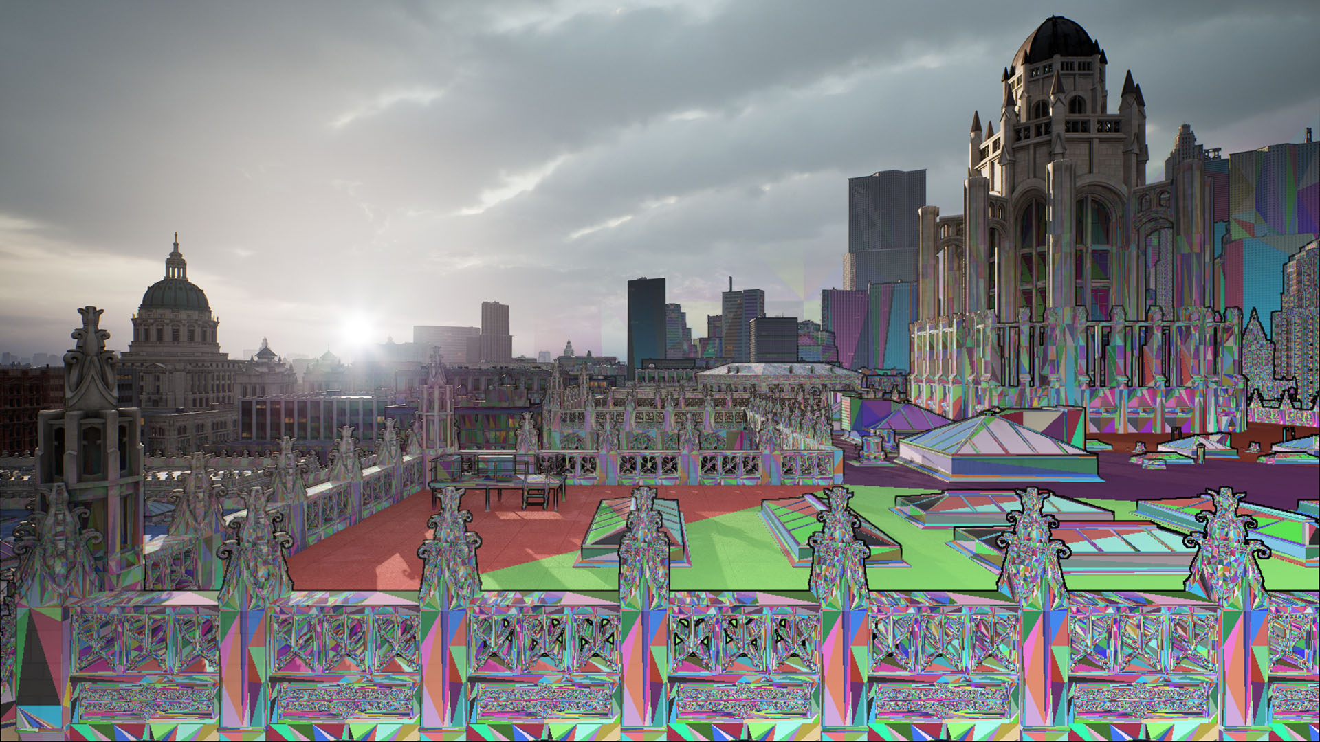 A cityscape scene rendered in Unreal Engine 5 showing severe texture corruption and colourful geometric artifacts caused by insufficient VRAM.