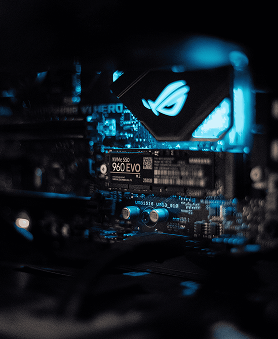 SSD close up and motherboard in a gaming PC