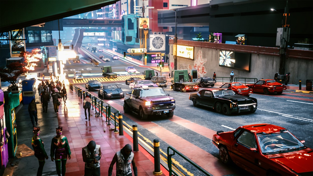Scene from Cyberpunk 2077 showing a vibrant urban street with futuristic cars, colorful neon signs, and pedestrians walking along a busy sidewalk, highlighting the game's detailed open-world environment.