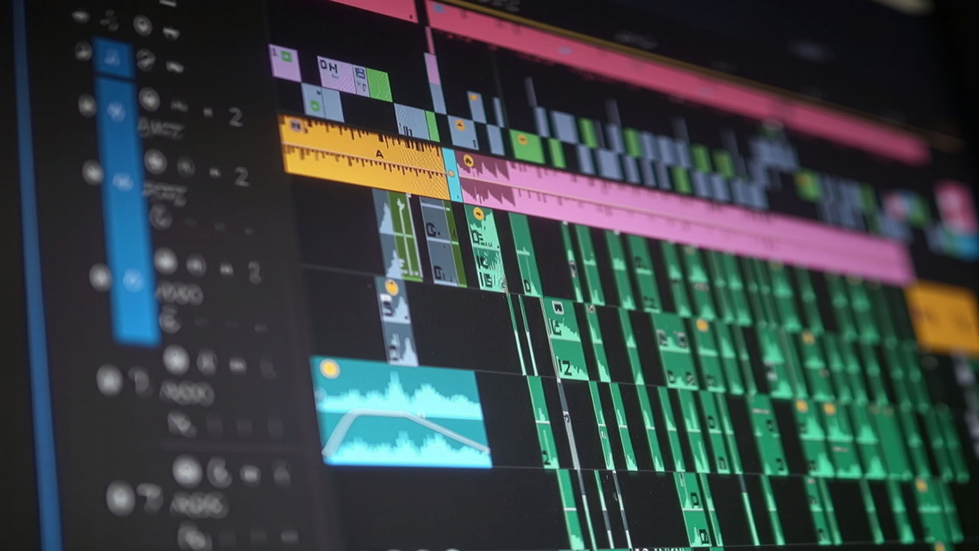 A close-up view of a video editing timeline with multiple coloured tracks and audio waveforms on a professional editing software interface.