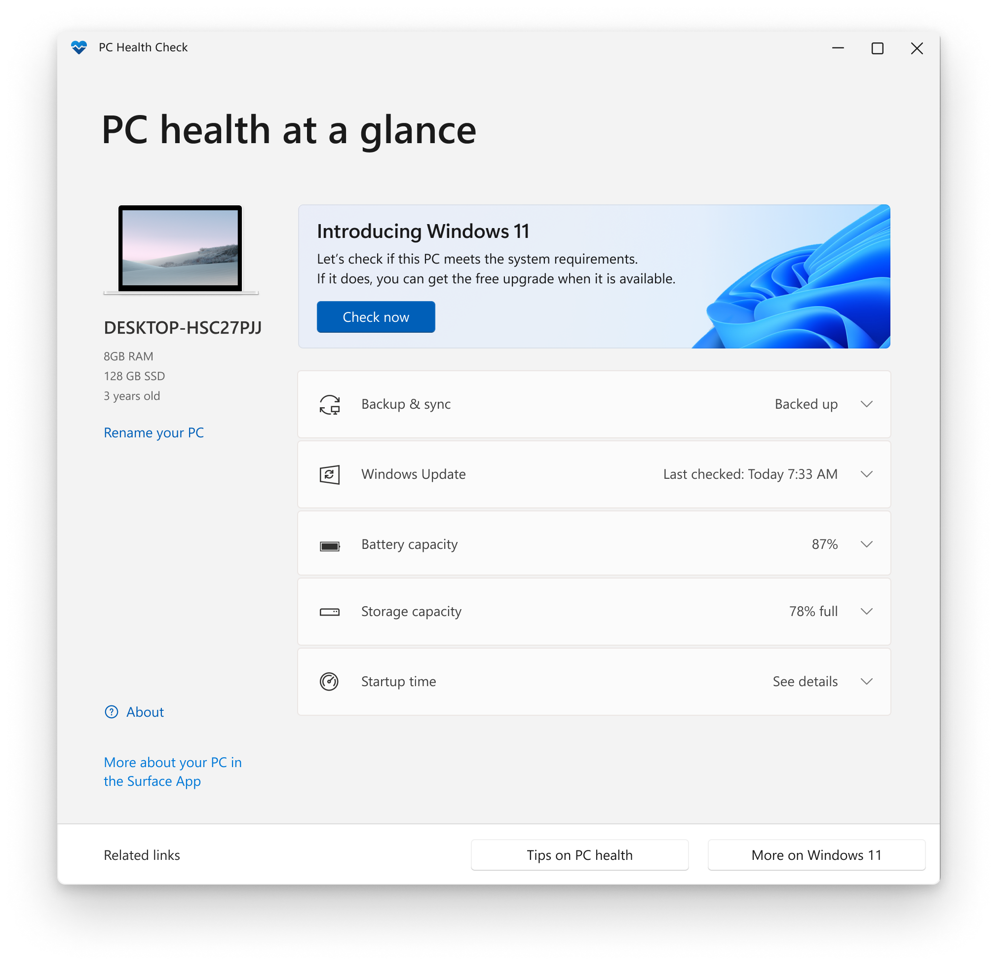 Screenshot of Microsoft’s PC Health Check app showing system details and the option to check if the PC meets Windows 11 requirements.