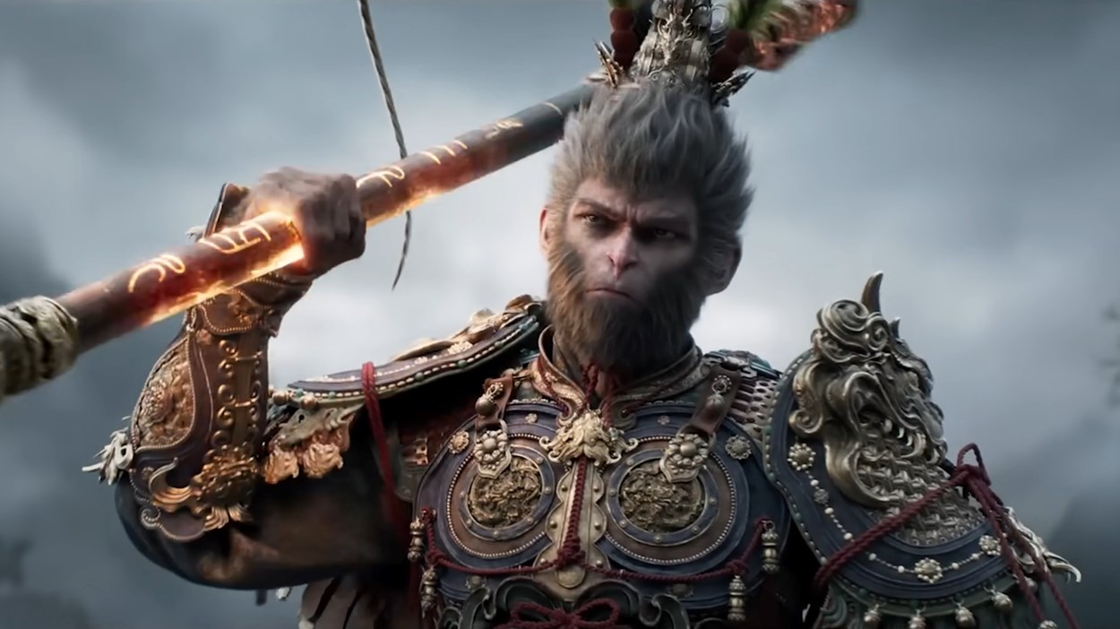 A fierce warrior resembling the Monkey King wielding a glowing staff, wearing intricately detailed armor in a stormy setting from Black Myth: Wukong, winner of the Players’ Voice award at the 2024 Game Awards