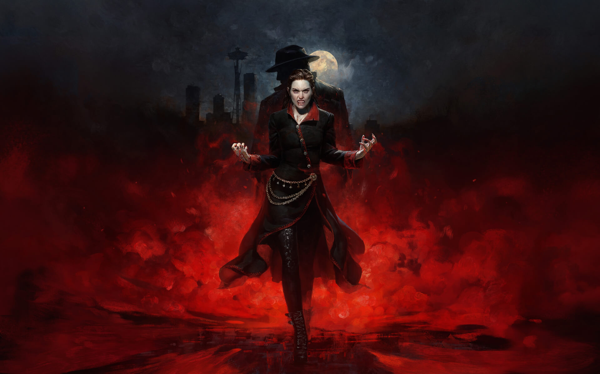 Promotional artwork for Vampire: The Masquerade – Bloodlines 2 showing a vampire standing in a red mist with the Seattle skyline and full moon in the background.