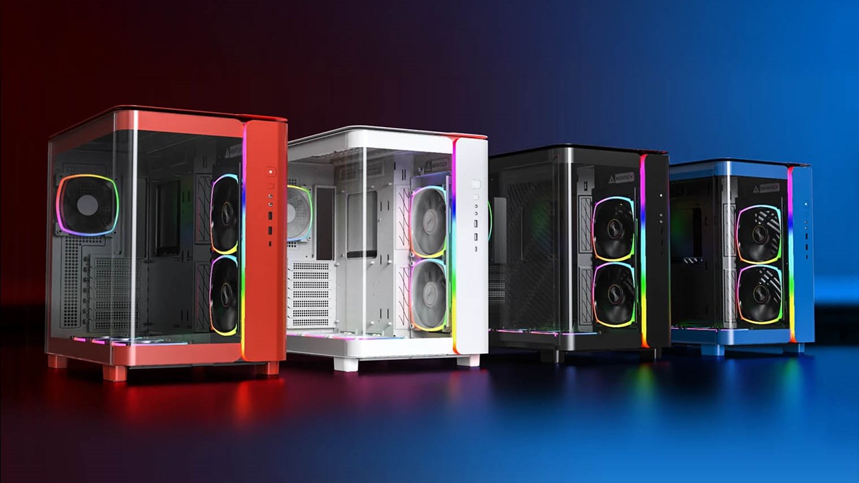 A collection of Montech KING 95 Pro PC cases in red, white, black, and blue. Each case features a curved glass design, RGB-lit cooling fans, and a spacious interior, set against a gradient red and blue background.