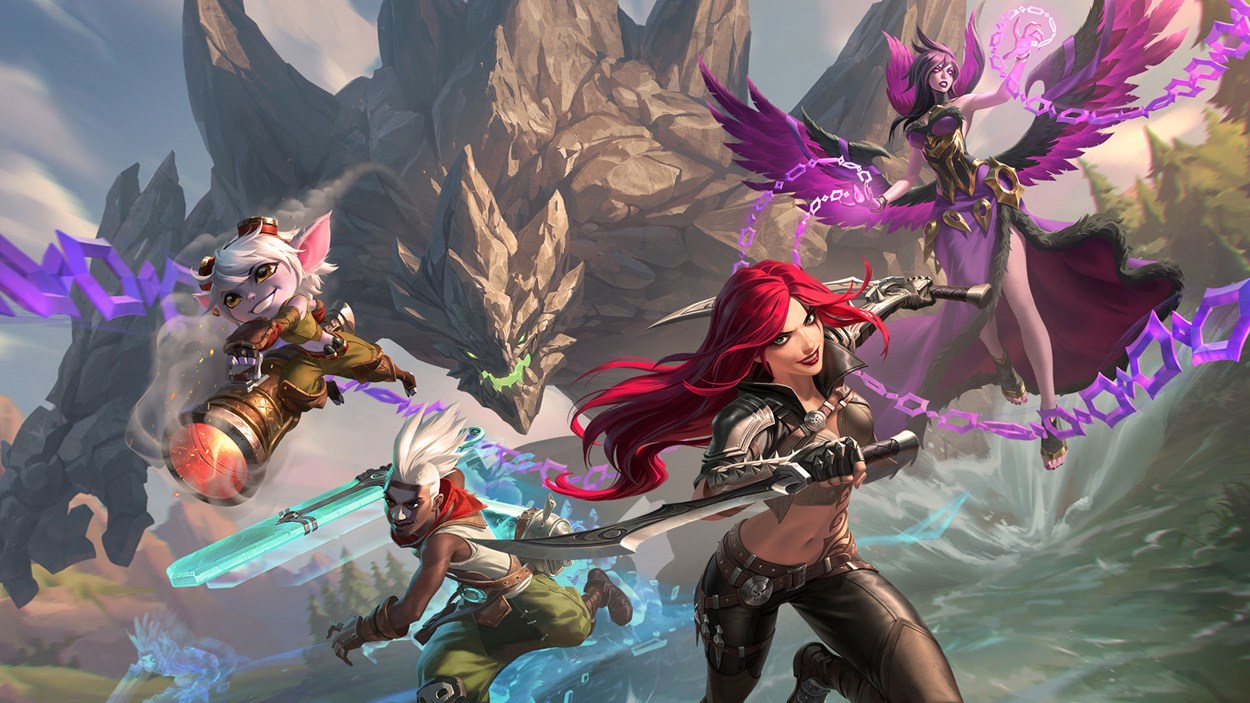A dynamic scene featuring iconic champions from League of Legends in action, showcasing vibrant visuals and intense energy, celebrating its win as Best Esports Game at the 2024 Game Awards