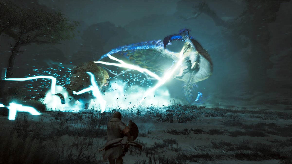 A hunter observes a fierce battle between two massive monsters in a dark, stormy environment in Monster Hunter Wilds, as blue lightning crackles through the air, illuminating the intense encounter.