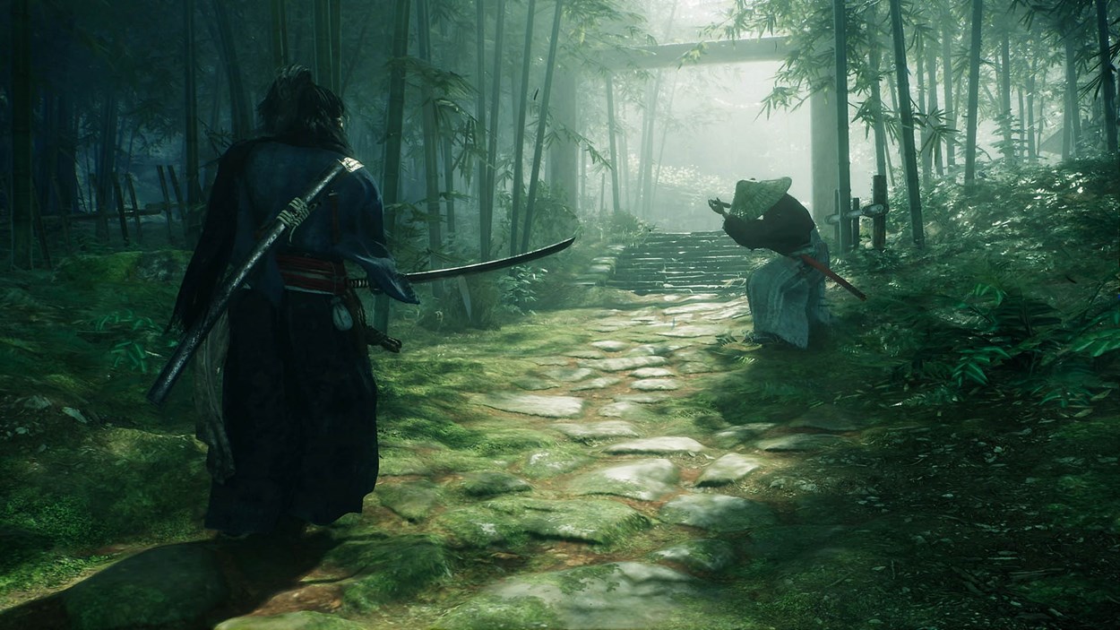 A lone samurai, dressed in dark traditional robes, approaches a wary opponent in a misty bamboo forest. Sunlight filters through the dense foliage, casting a serene yet tense atmosphere. The opponent, wearing a straw hat and white robes, crouches defensively with a sheathed katana, preparing for a duel. The stone path leads toward a distant torii gate, enhancing the sense of a fateful encounter in Rise of the Ronin.