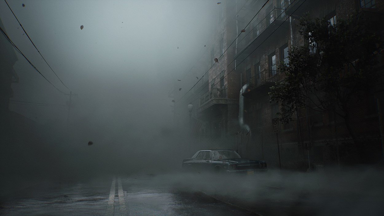 A foggy and desolate urban street with a parked car, shadowy buildings, and scattered debris, evoking an eerie and unsettling atmosphere.