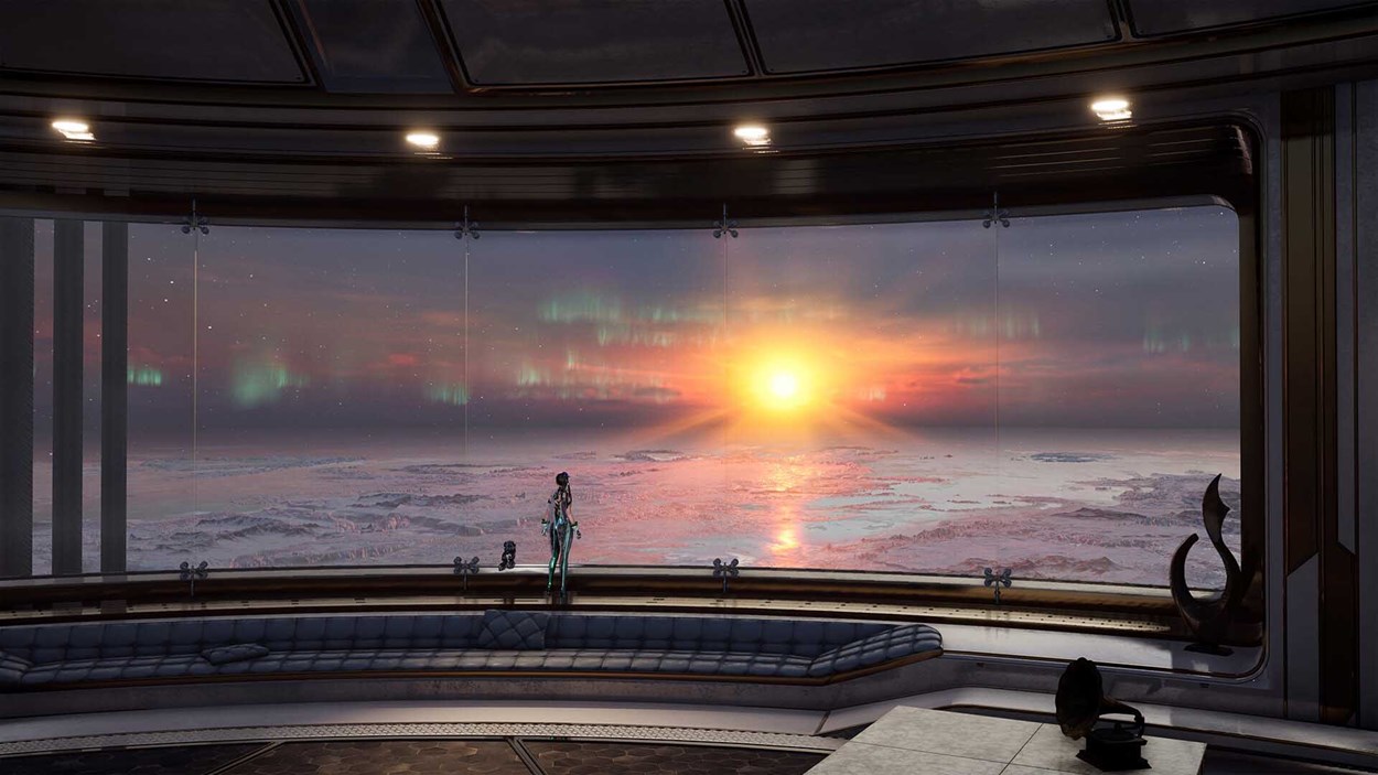Character stands in front of a panoramic window, gazing at a glowing sunset over a frozen landscape with auroras.