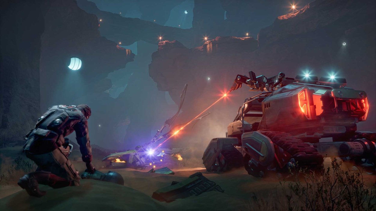 Armored sci-fi soldier kneels in a rocky canyon as a futuristic vehicle fires a laser at an enemy craft, with glowing moons and lights illuminating the night sky.