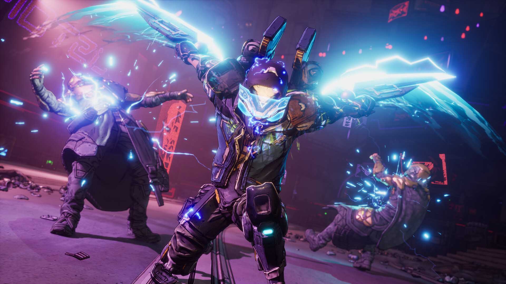 Borderlands 4 character unleashing electrified energy blades in close combat, striking multiple enemies in a neon-lit arena.