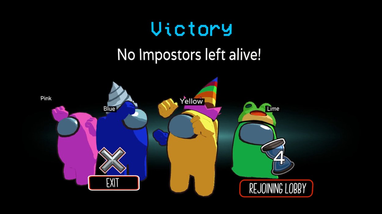 Victory screen from Among Us 3D showing four crewmates—Pink, Blue, Yellow, and Lime—celebrating after winning the game. The message 'No Impostors left alive!' is displayed above them.