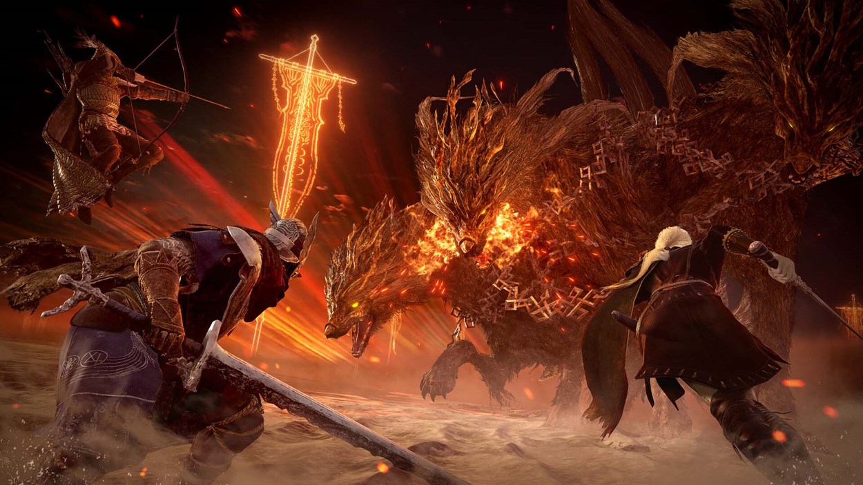 Epic boss battle in Elden Ring: Nightreign, showing three warriors facing a massive, fiery three-headed beast in a burning battlefield, with glowing rune symbols and dramatic lighting.