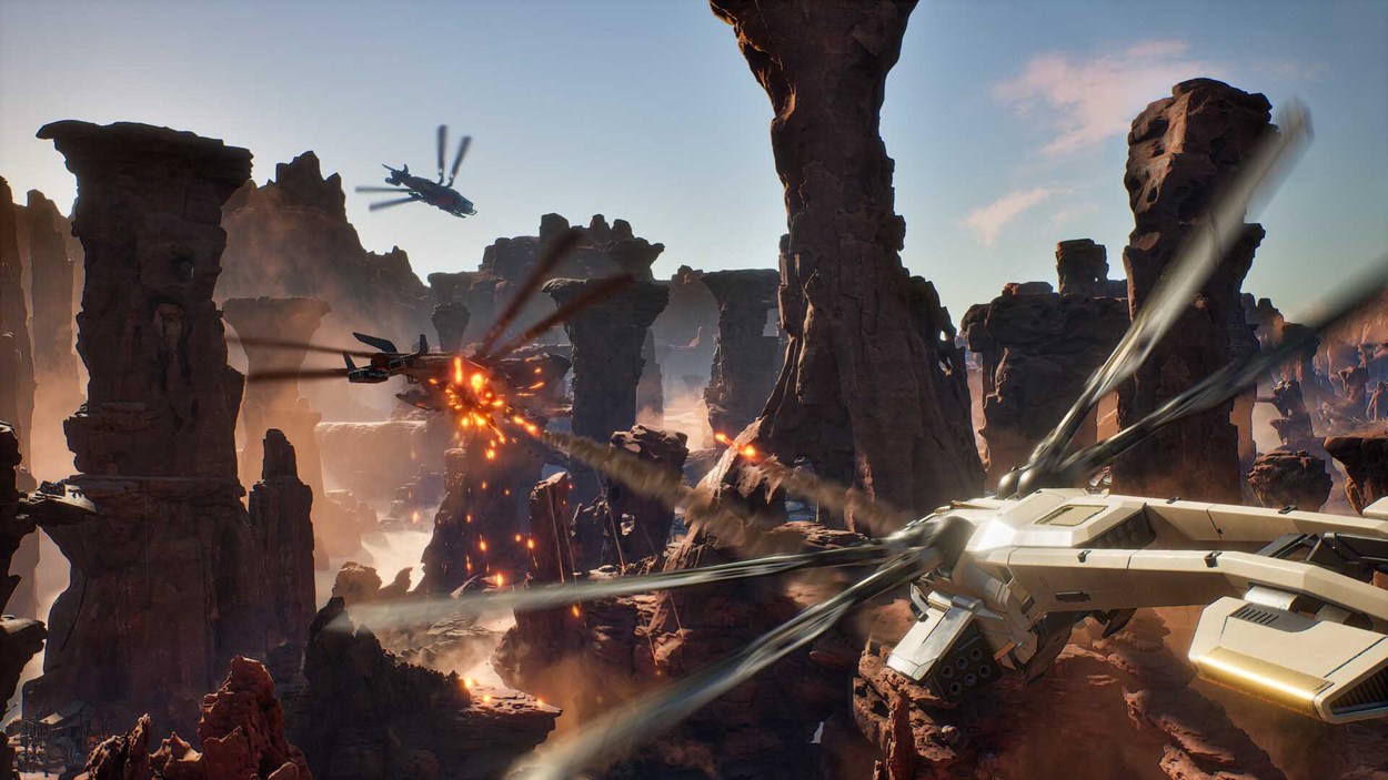 Futuristic aircraft engage in an intense aerial battle amid towering red rock formations in a desert canyon, with explosions lighting up the scene. Inspired by the sci-fi world of Dune.
