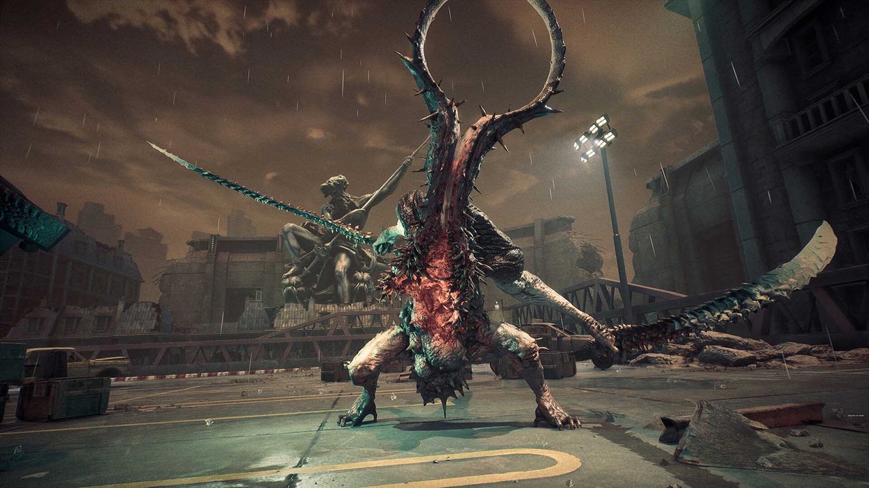 Spined, lizard-like monster crouches on a rain-soaked city street, brandishing a bladed tail amid crumbling ruins.