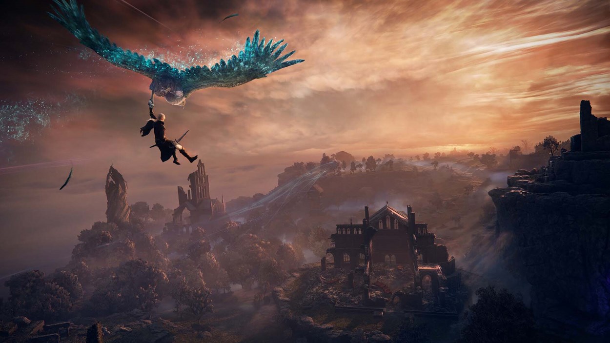 Scenic moment from Elden Ring: Nightreign, showing a warrior being carried through the sky by a giant spectral bird above a vast, ruined landscape at sunset.