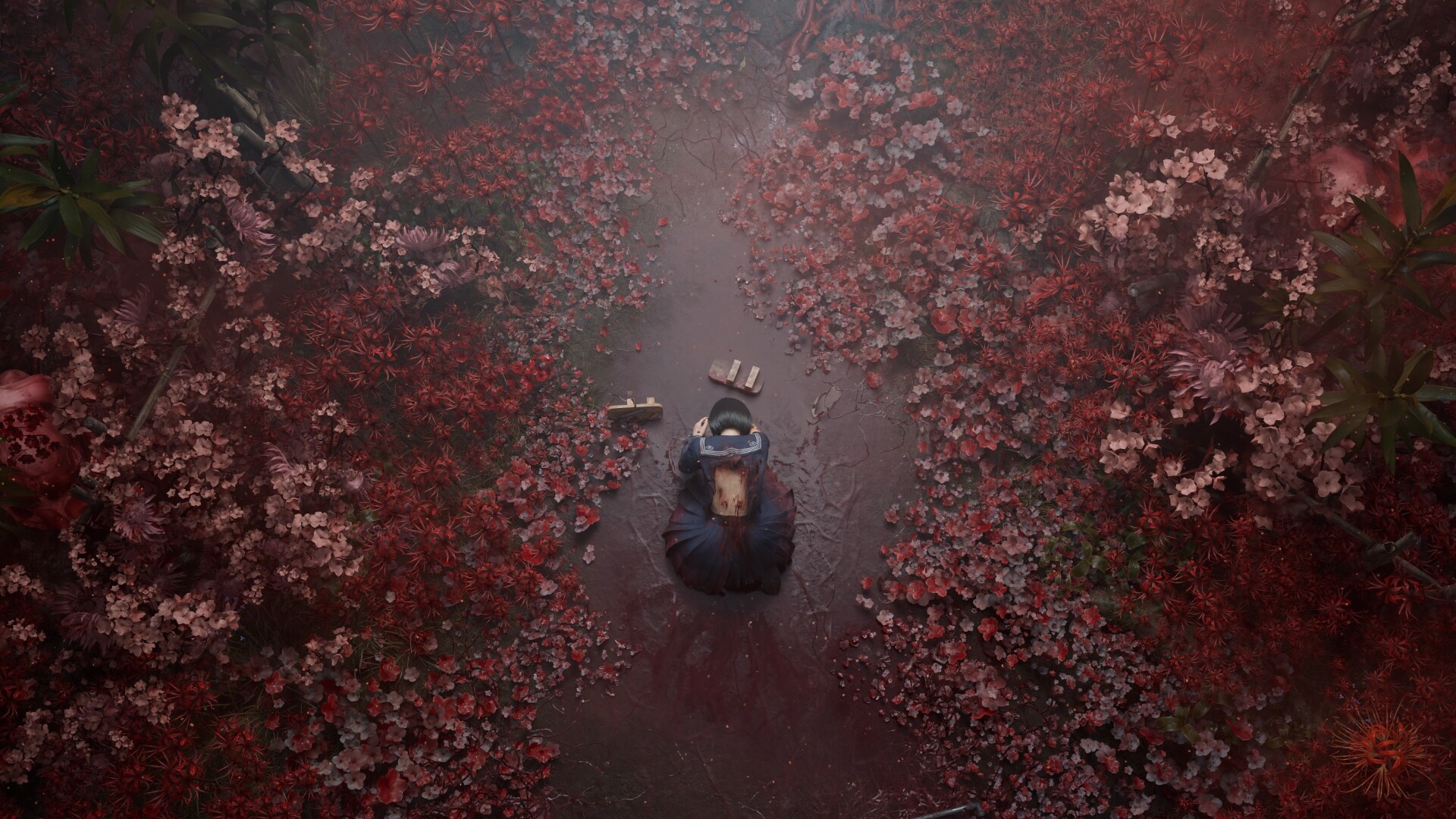 Overhead view from Silent Hill f of a girl in a school uniform kneeling on a blood-stained path, surrounded by eerie red and pink flowers.