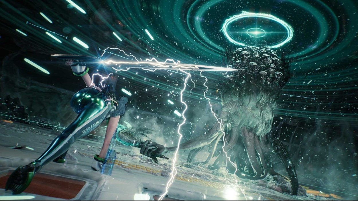 A futuristic warrior unleashes a lightning-charged attack on a towering, tentacled creature beneath a glowing halo.