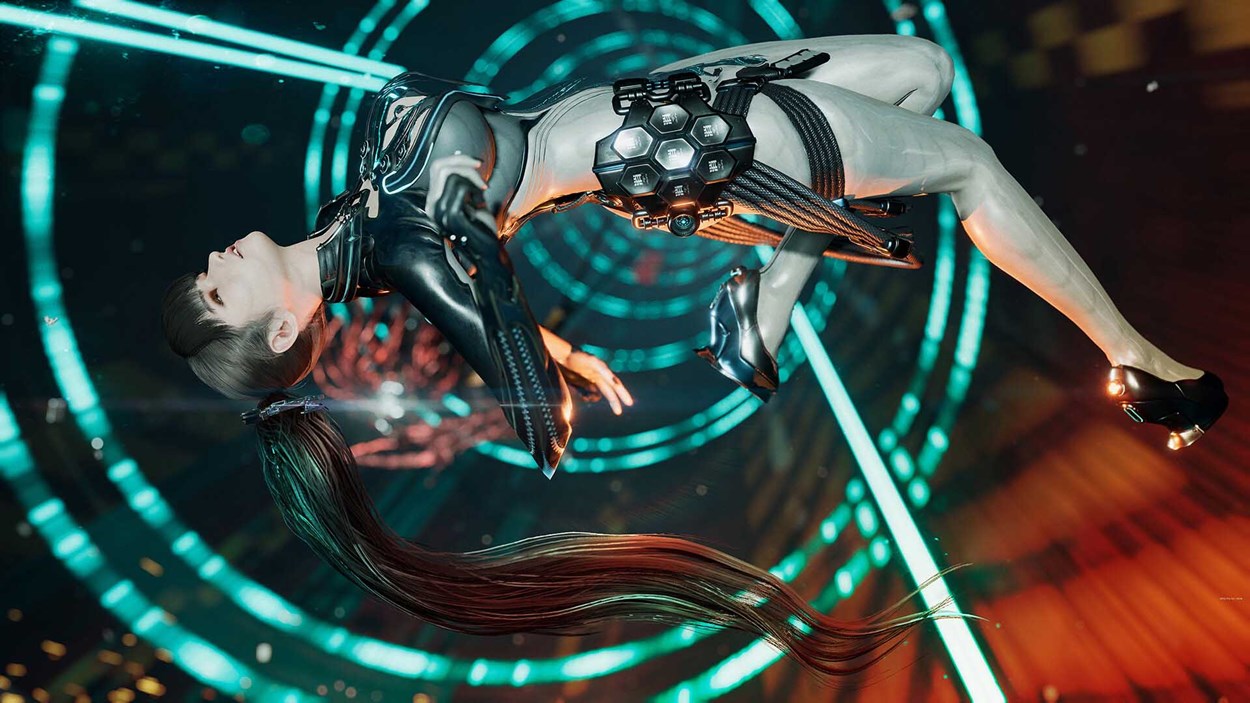 Female character in a futuristic bodysuit suspended mid-air, surrounded by glowing neon rings and digital effects.