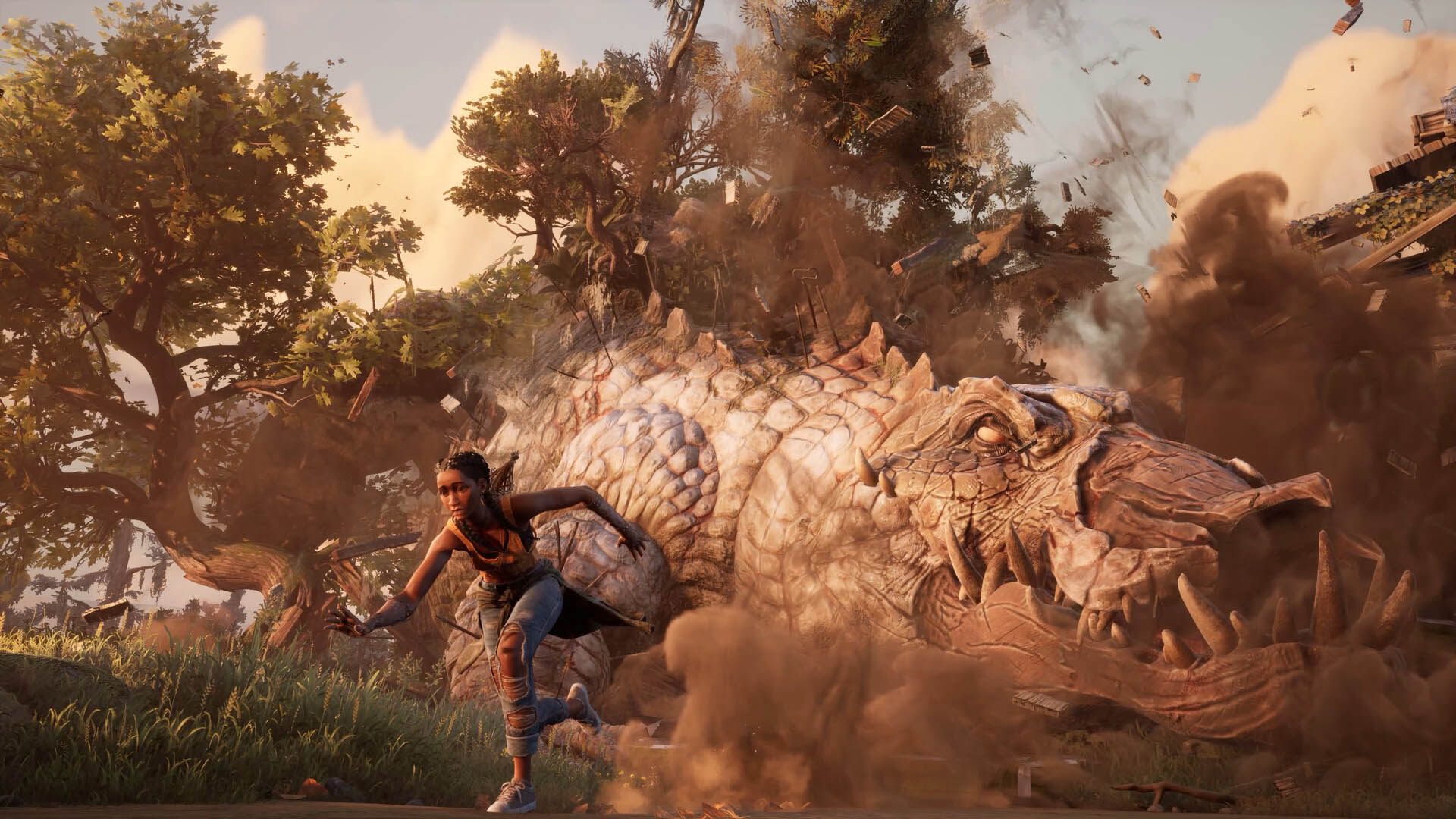 Hazel sprinting away from a massive, rampaging alligator-like creature as debris flies and dust fills the air in a chaotic scene from South of Midnight.