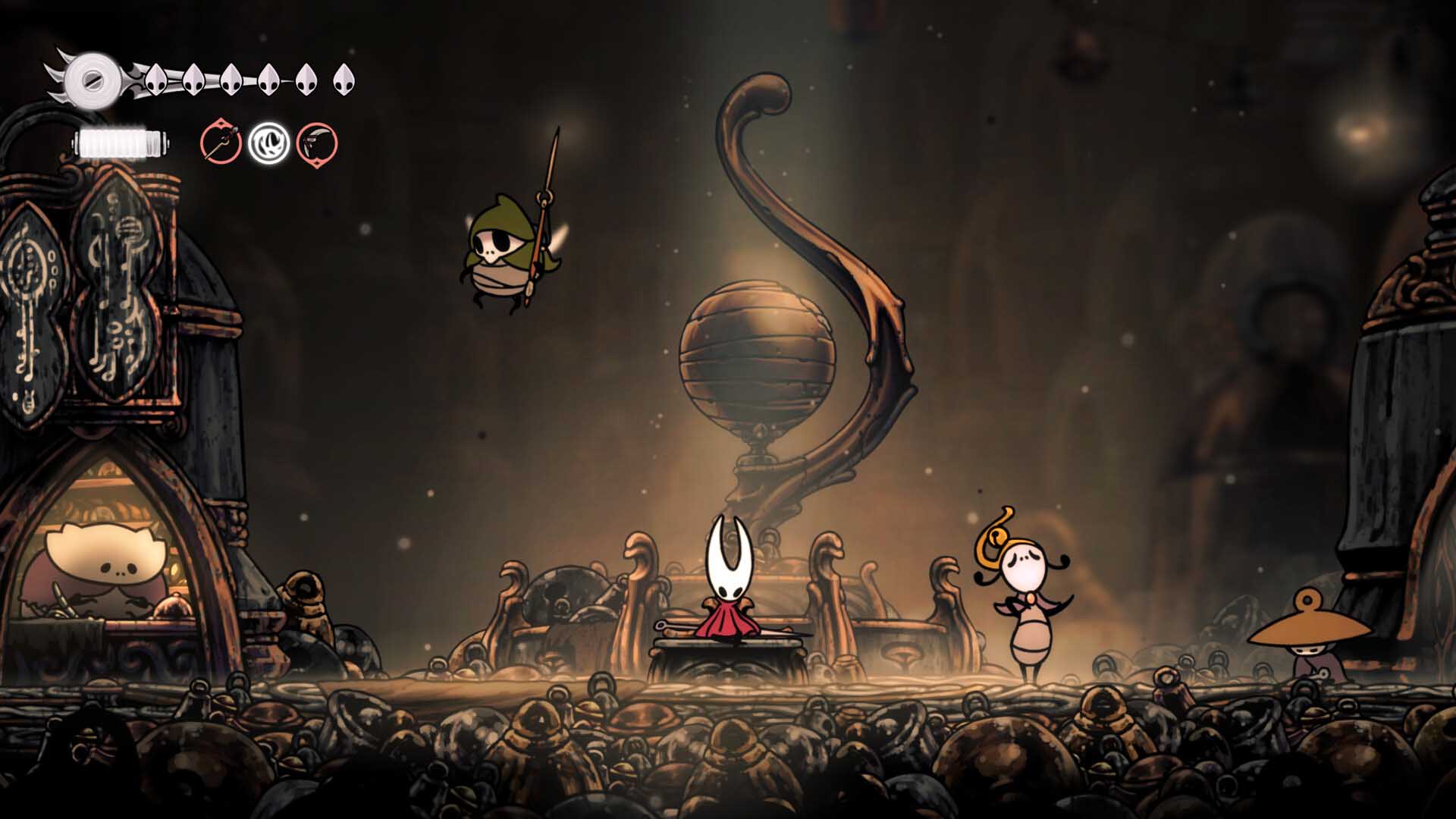 Hollow Knight: Silksong screenshot showing Hornet seated in a throne-like area surrounded by NPC characters in the insect world of Pharloom.
