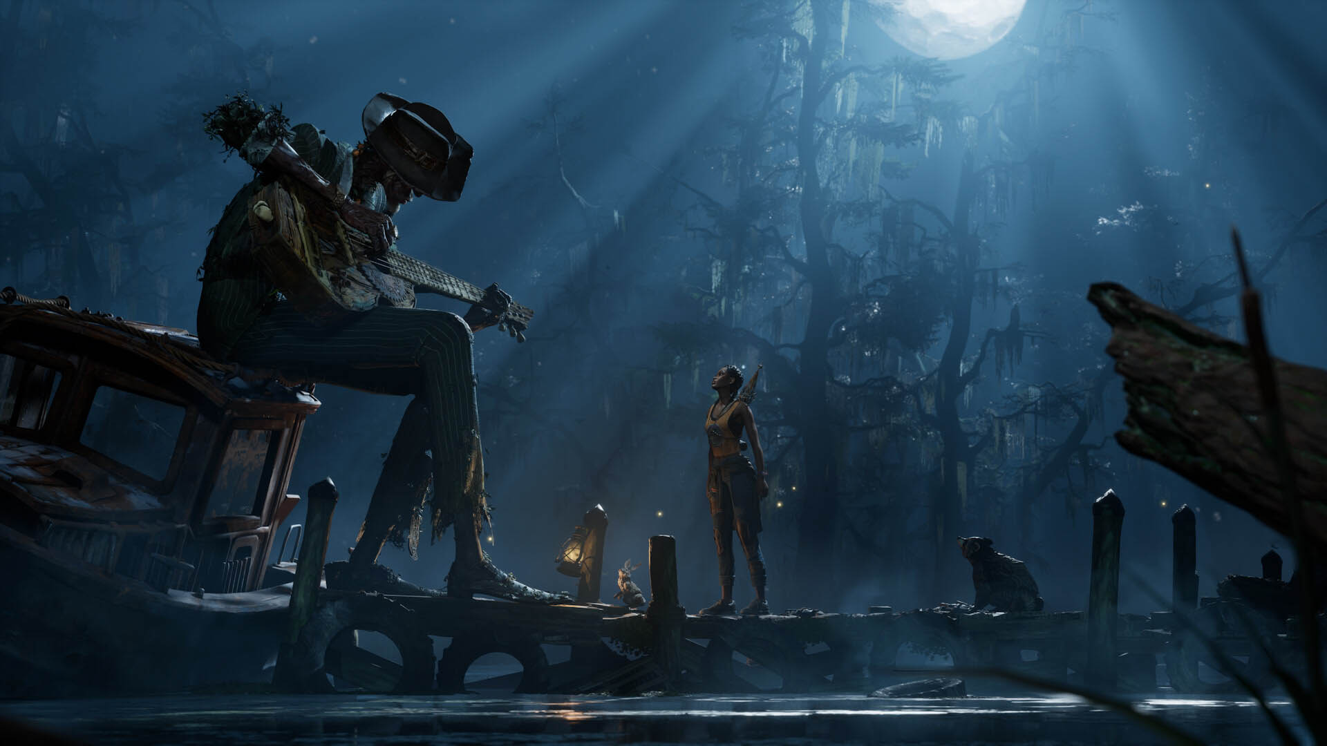 Hazel standing on a moonlit dock in a misty swamp, gazing up at a towering, ghostly figure playing a guitar in South of Midnight, surrounded by magical creatures and eerie blue light.