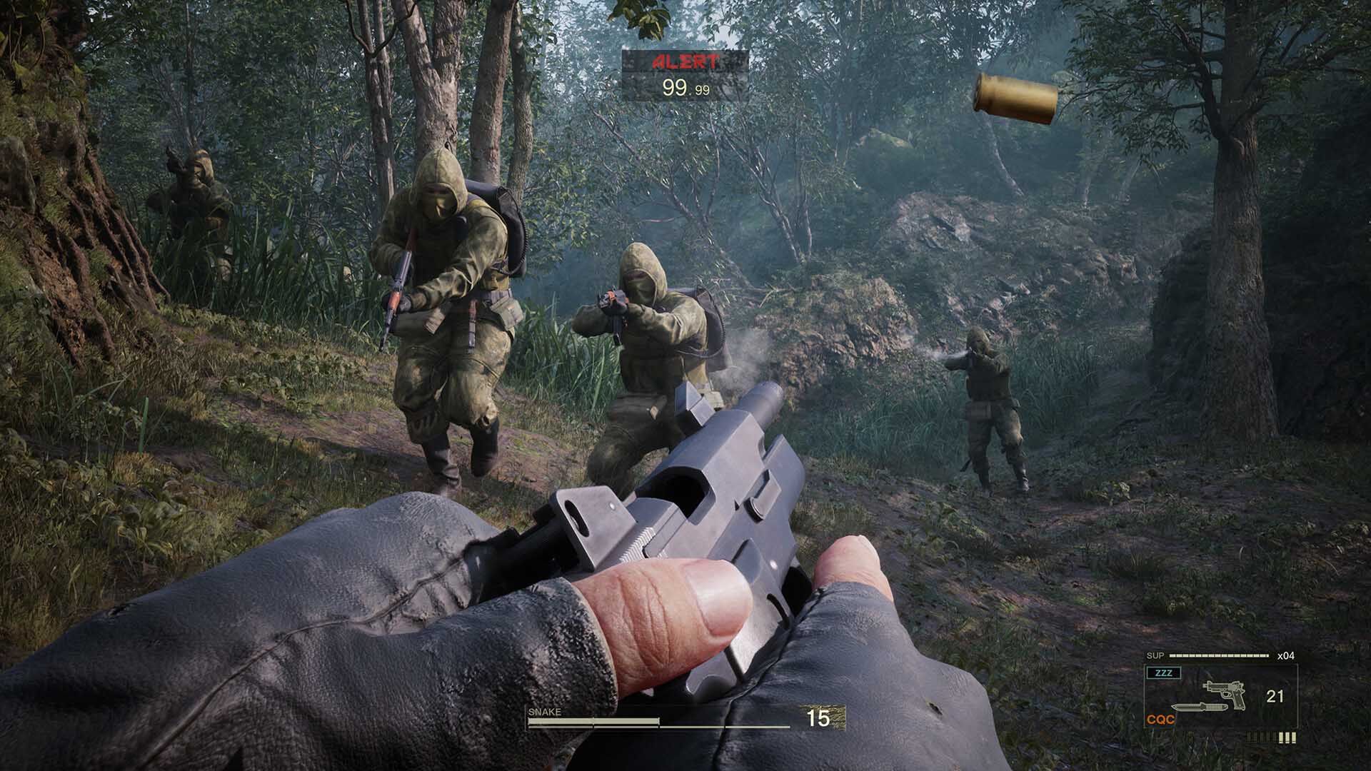 First-person view of Snake firing a suppressed pistol at approaching soldiers in the jungle during an alert phase in Metal Gear