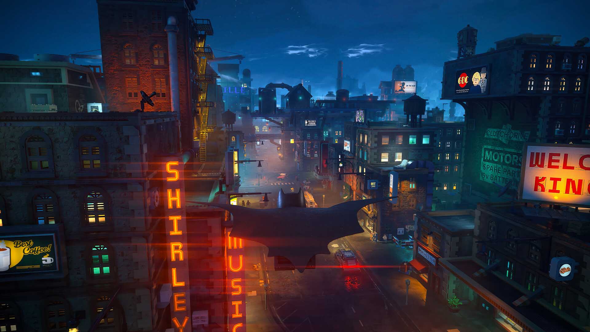 LEGO Batman: Legacy of the Dark Knight screenshot showing Gotham City at night with Batman gliding over neon-lit streets.