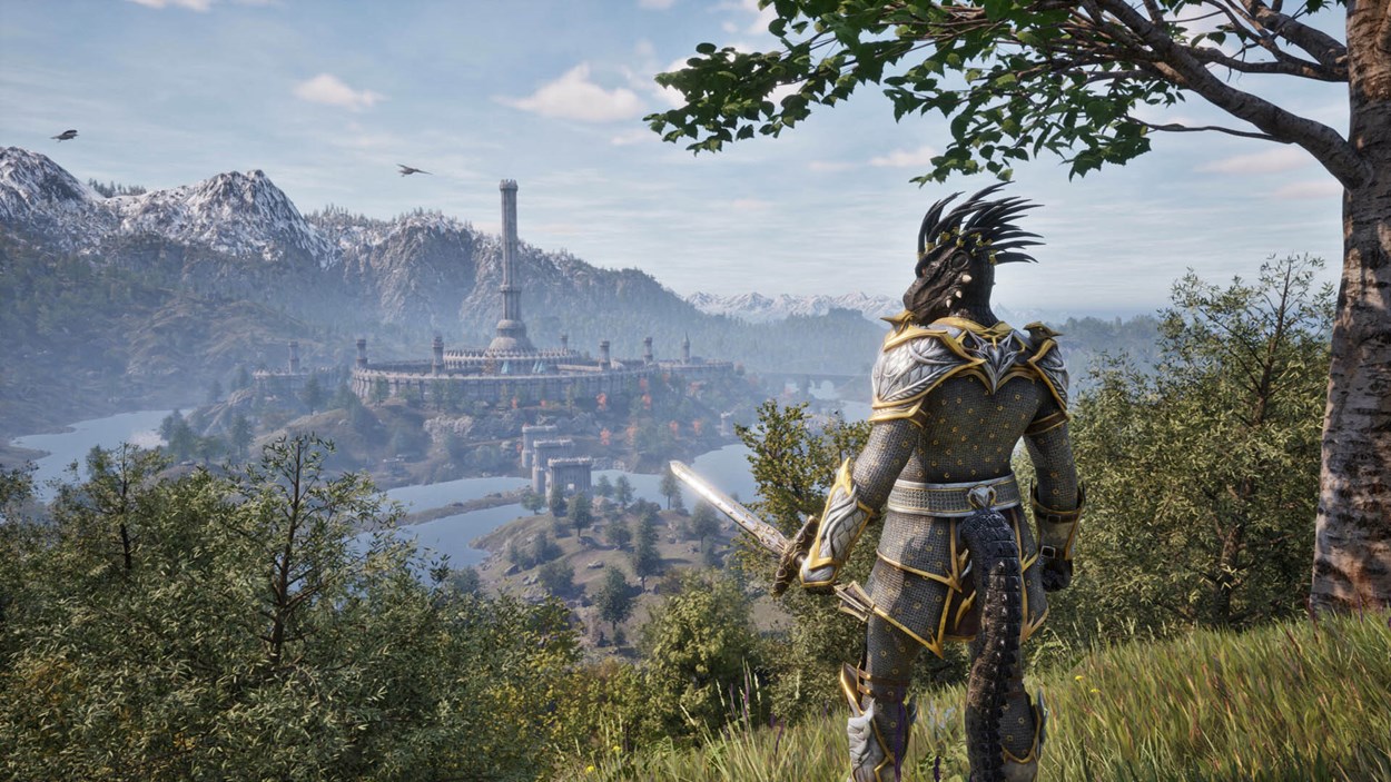 An Argonian warrior gazes across a lush, mountainous landscape toward the White-Gold Tower in the Imperial City, showcasing the expansive open world of Oblivion Remastered.