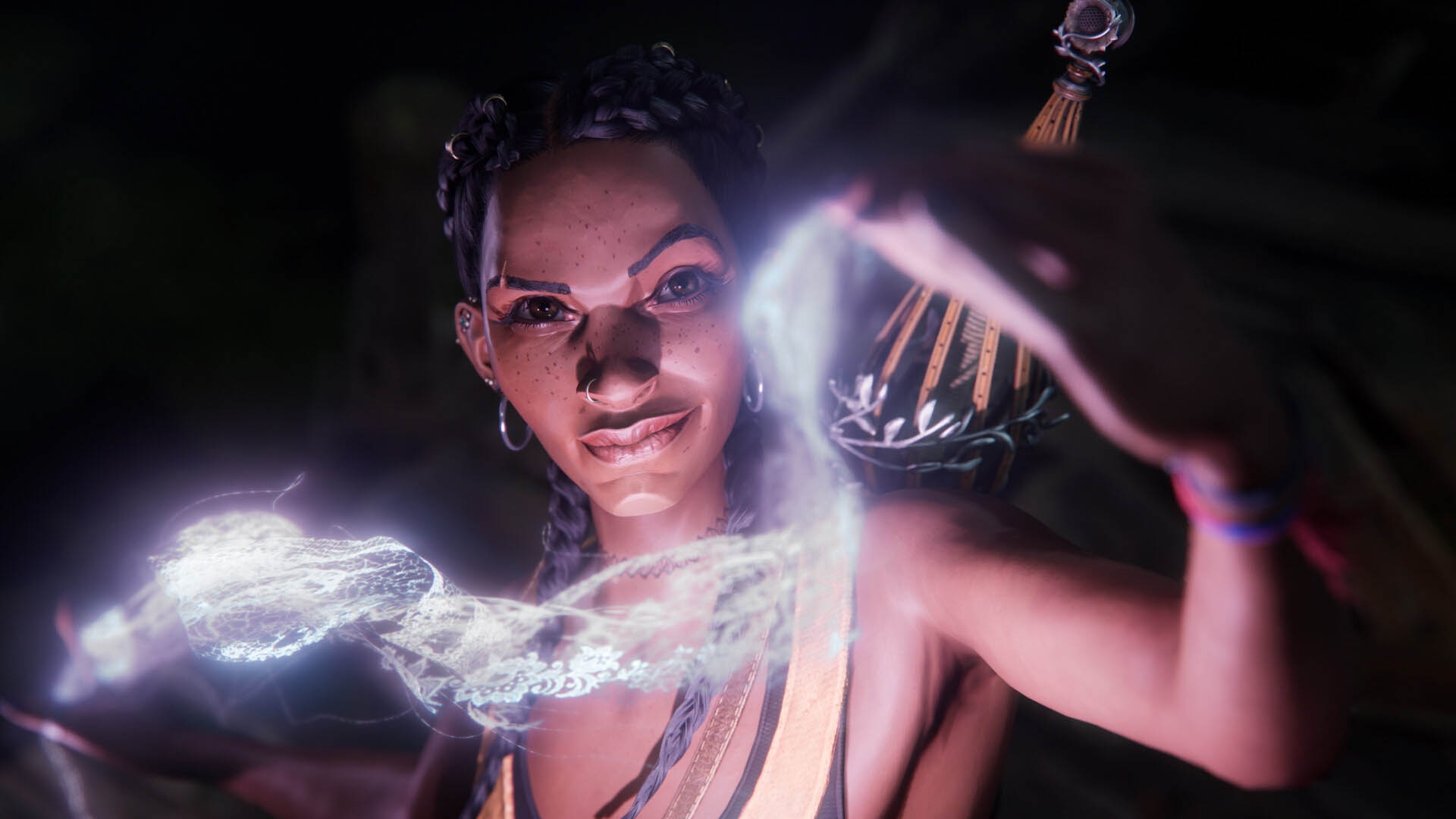 Close-up of Hazel from South of Midnight weaving glowing magical threads with her hands, illuminated by mystical light in a dark, atmospheric setting.