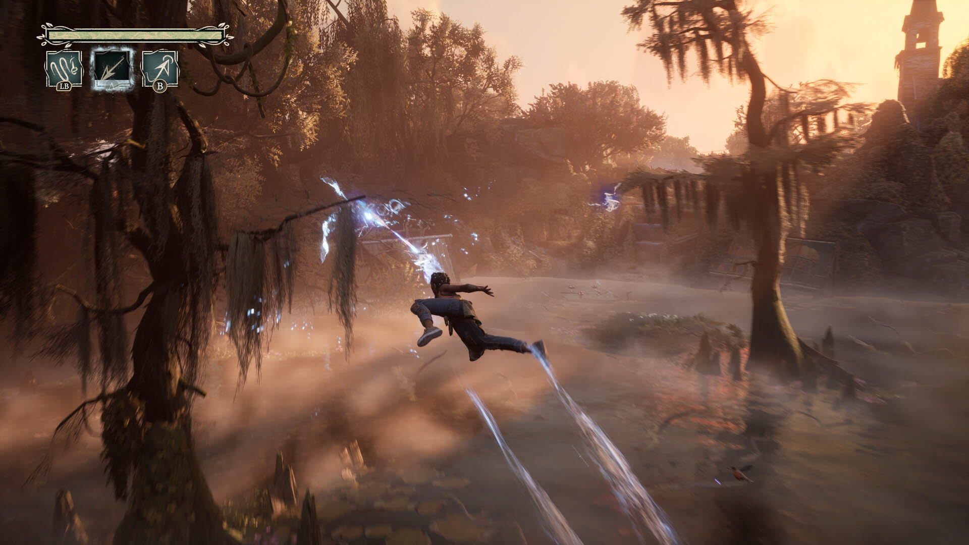 Hazel mid-air using magical weaving abilities to dash across a misty bayou in South of Midnight, with glowing energy trails and a haunted Southern landscape in the background.