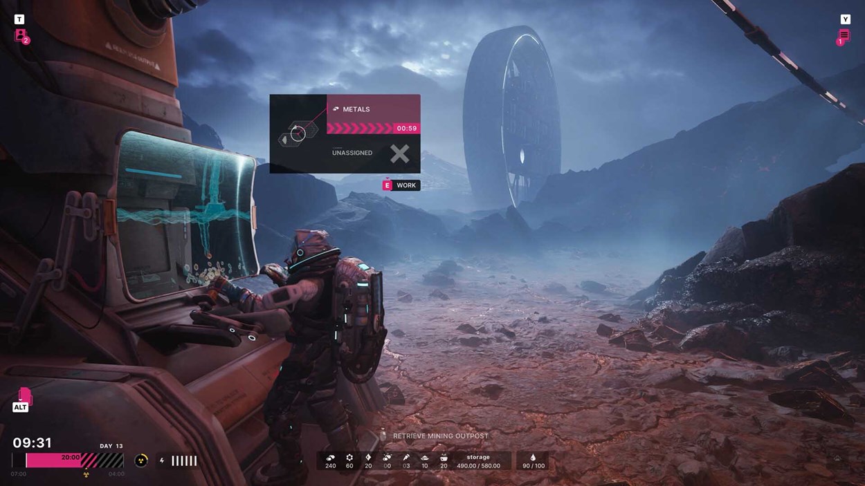 A futuristic worker in The Alters interacts with a high-tech mining console on a barren alien landscape, with a massive, mysterious ring structure looming in the distance under a moody sky. The UI displays resource processing and time pressure, emphasizing the survival and management elements of the game.