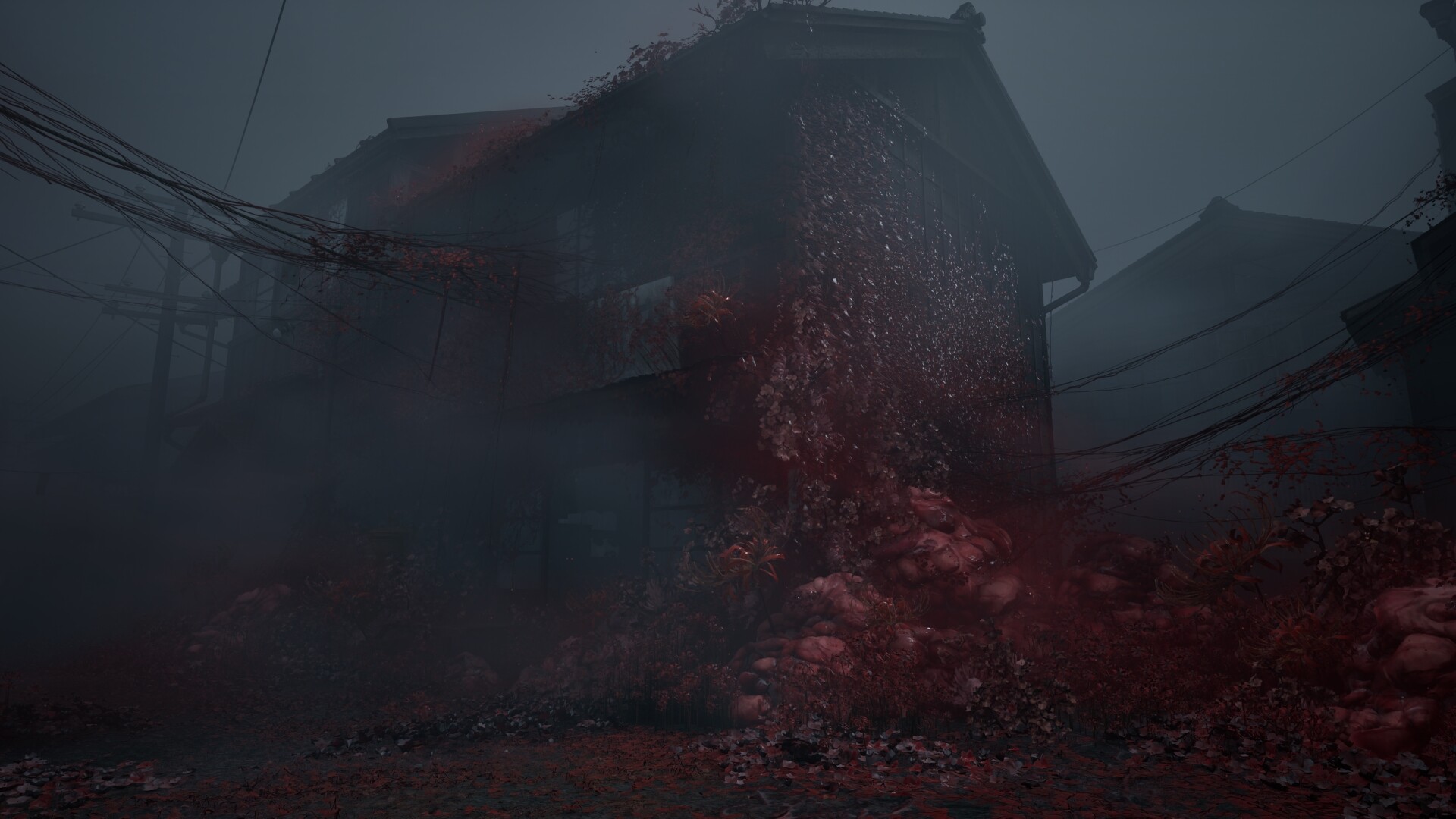 Haunting scene from Silent Hill f showing a building overrun with pulsating red growths, vines, and fog creating a disturbing atmosphere.
