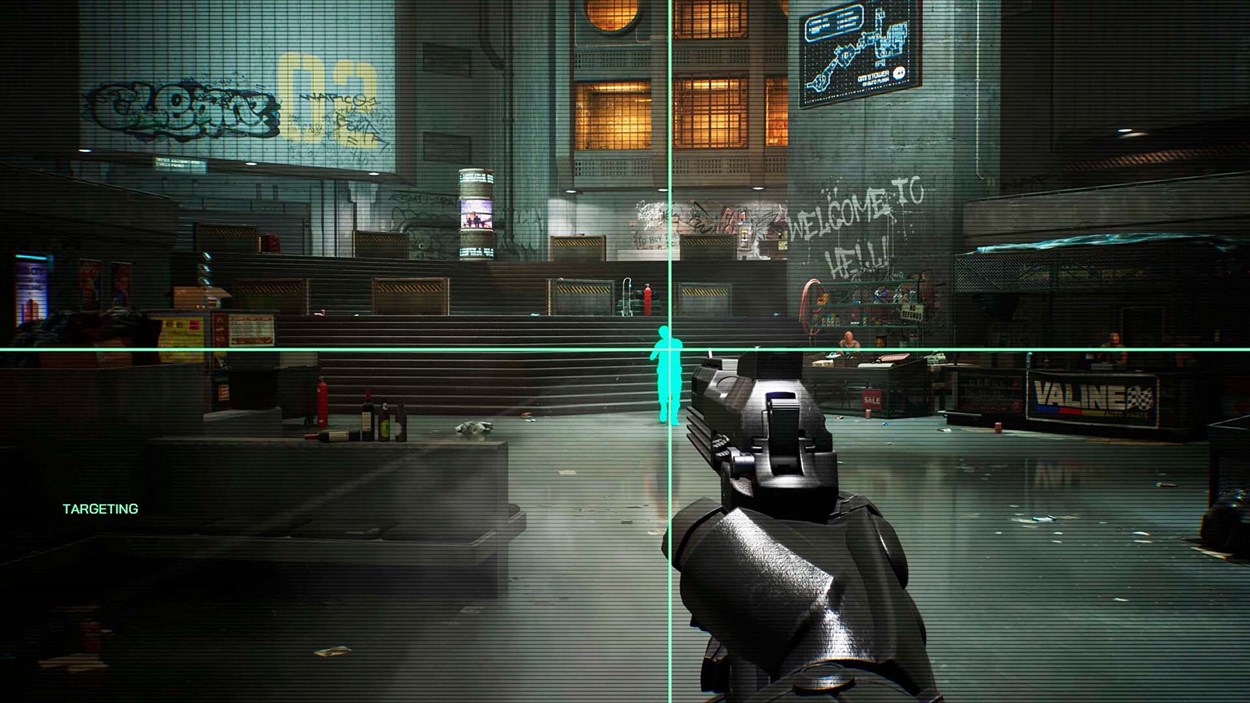 First-person view through RoboCop’s targeting system aiming at a hostile figure in a graffiti-covered urban lobby with neon highlights and vendors nearby.