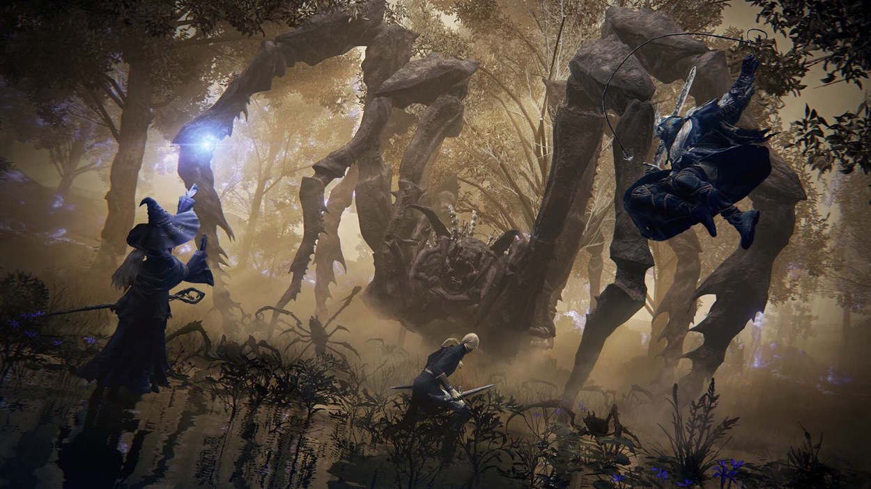 Three players in Elden Ring: Nightreign confront a massive spider-like boss in a misty forest, with one casting magic, another charging in, and a third leaping through the air to strike.