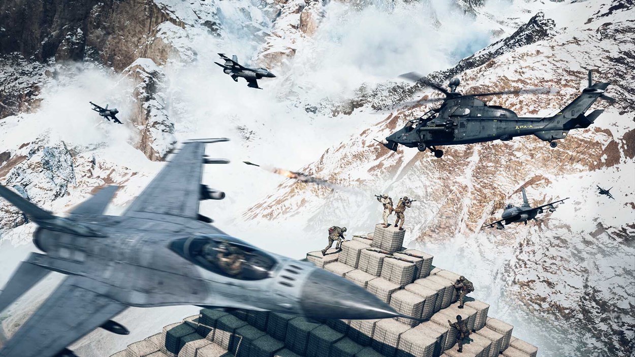 Soldiers positioned on a stepped sandbag fortification in a snowy mountain range as jets and helicopters engage in an intense aerial battle overhead.
