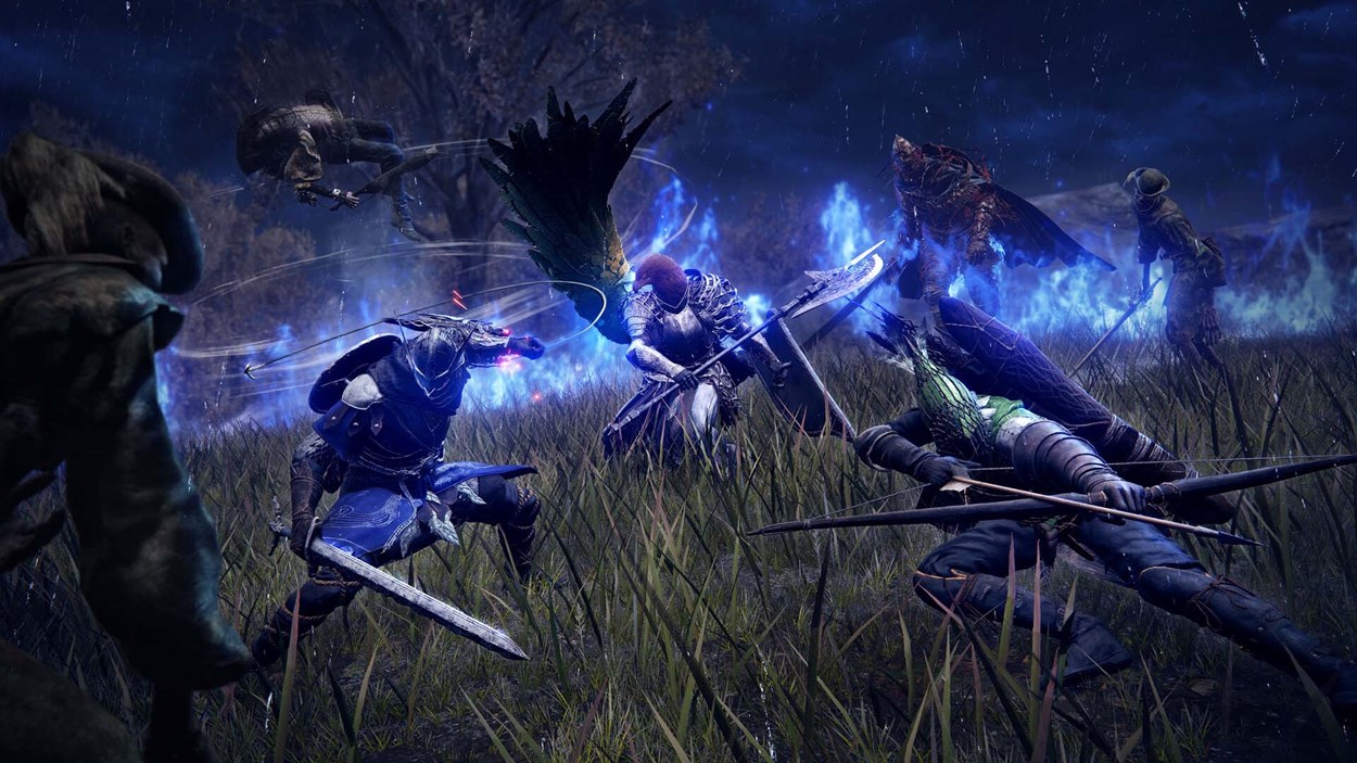 Intense battle scene in Elden Ring: Nightreign, featuring multiple armored warriors and enemies clashing in a rain-soaked grassy field surrounded by glowing blue energy.