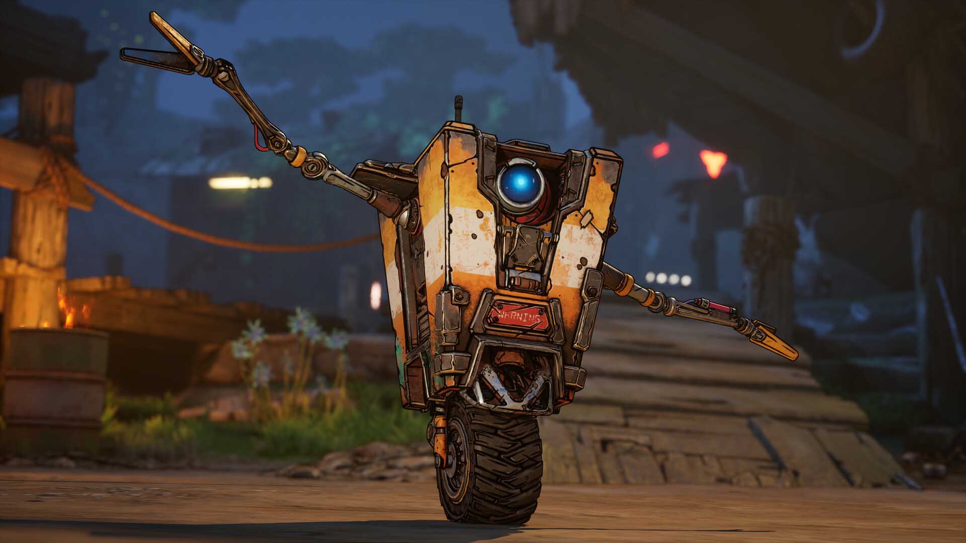 Claptrap, the iconic yellow robot from Borderlands, balancing on one wheel with arms outstretched in a lively pose.