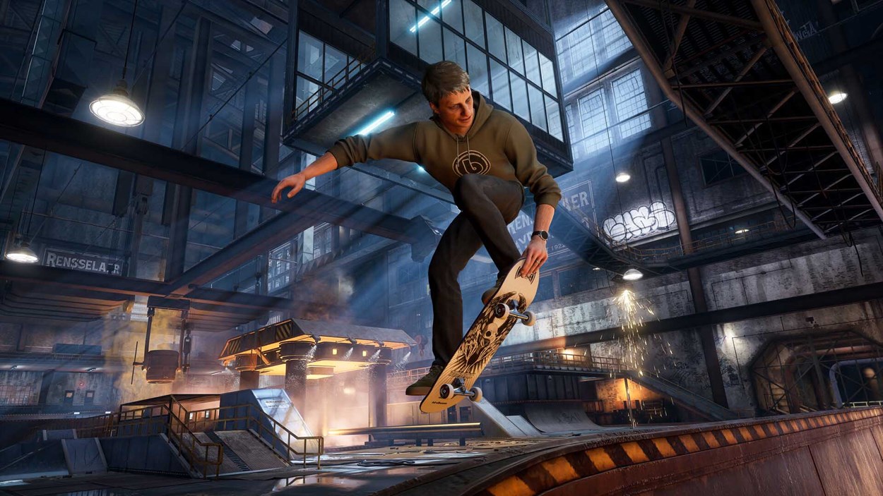 Skateboarder performing a trick inside an industrial skate park with dramatic lighting, sparks, and detailed environmental effects.