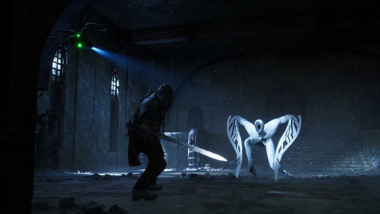 A hooded character wielding a sword faces off against a glowing, abstract creature in a dark, dungeon-like environment in Hell is Us.