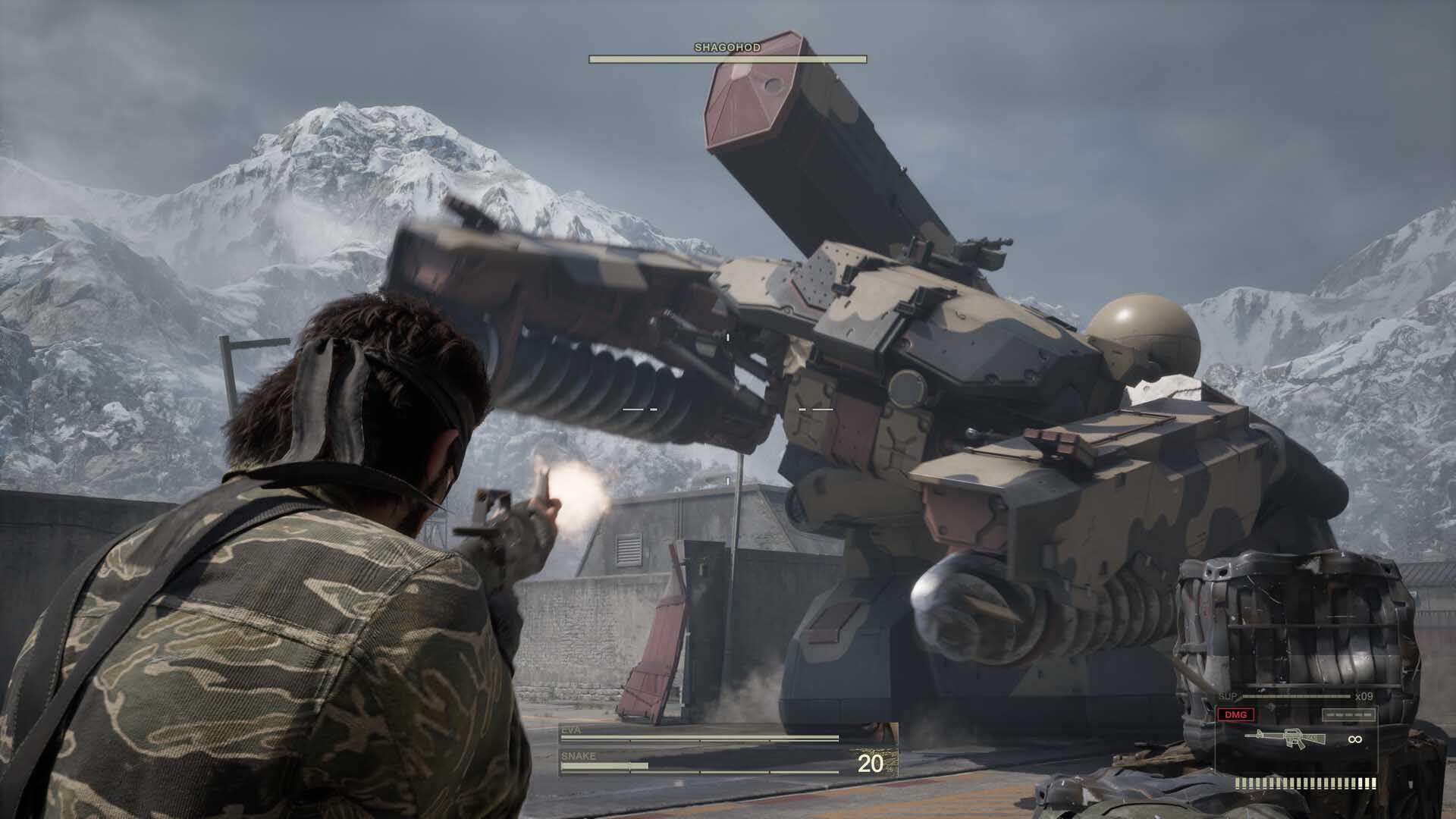 Snake firing at the massive Shagohod weapon in Metal Gear Solid Delta: Snake Eater remake, with snowy mountains in the background.hines down from above in Metal Gear Solid